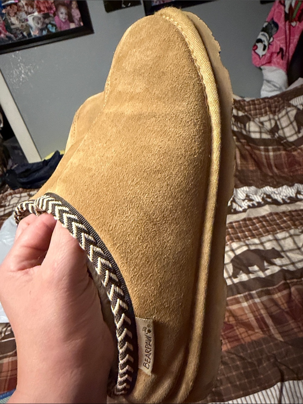 BearPaw Women's Chestnut Suede Slip-On Slippers with Braided Trim